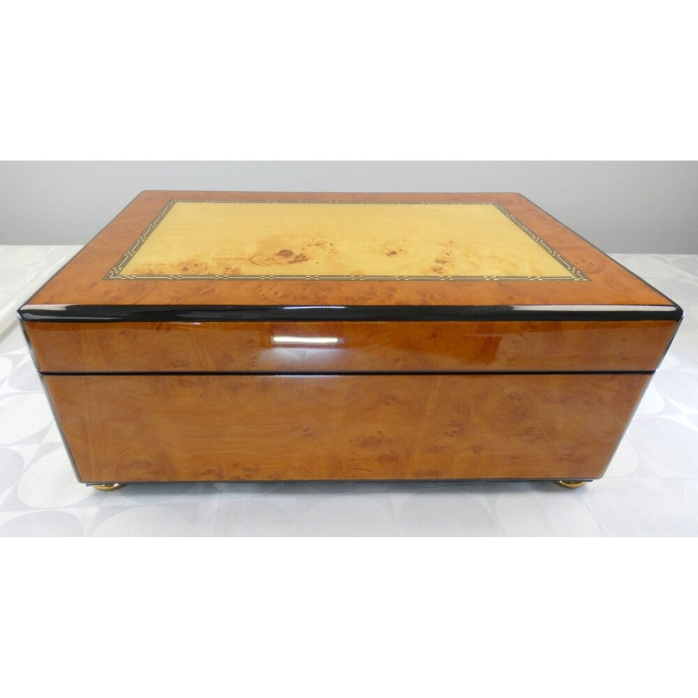 Unisex VTG Burl Wood Jewelry Box Inlay Tray Insert Black Velvet Lining Large